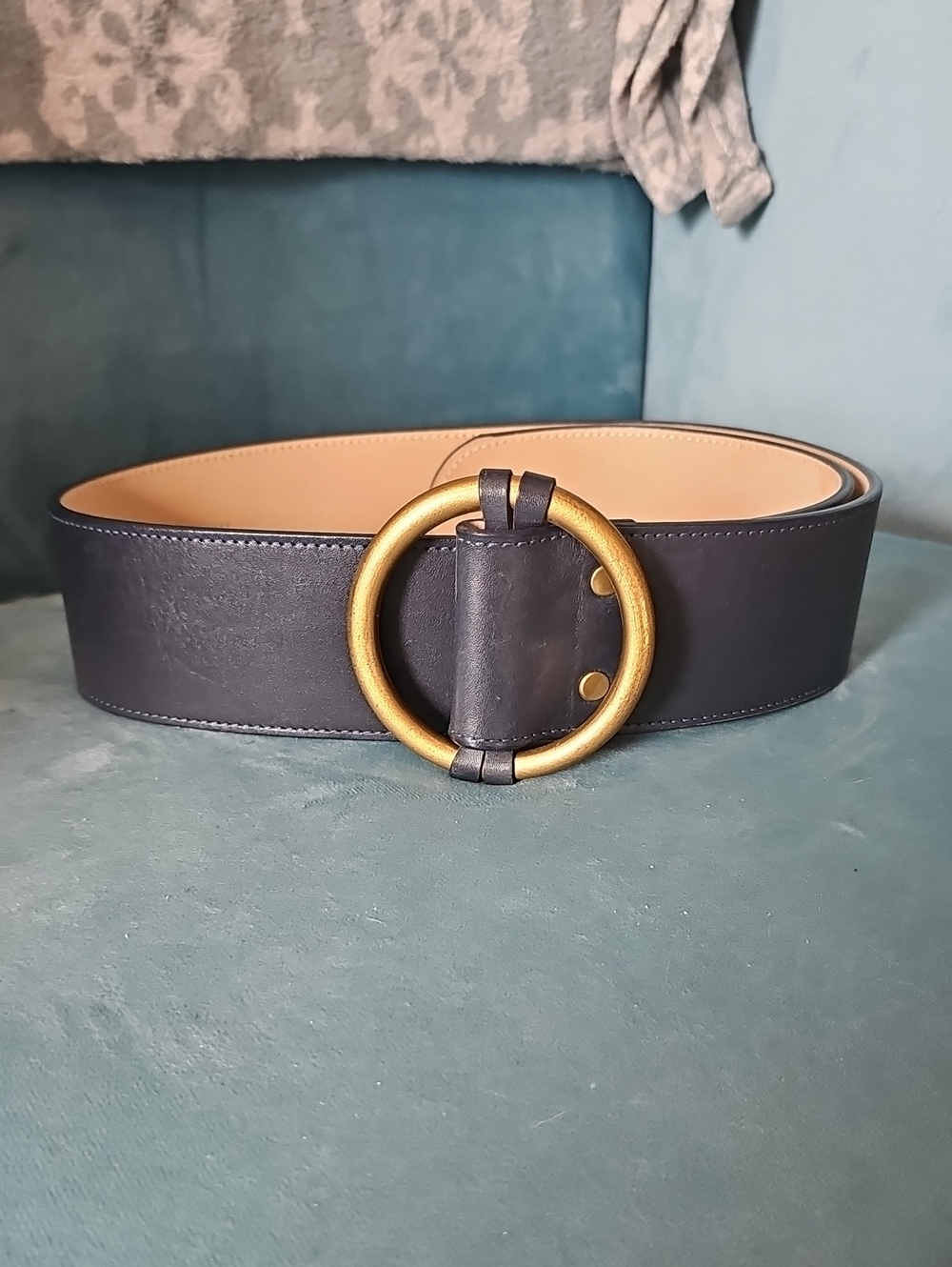 St. John Wide Navy Leather Belt with Gold Ring Buckle